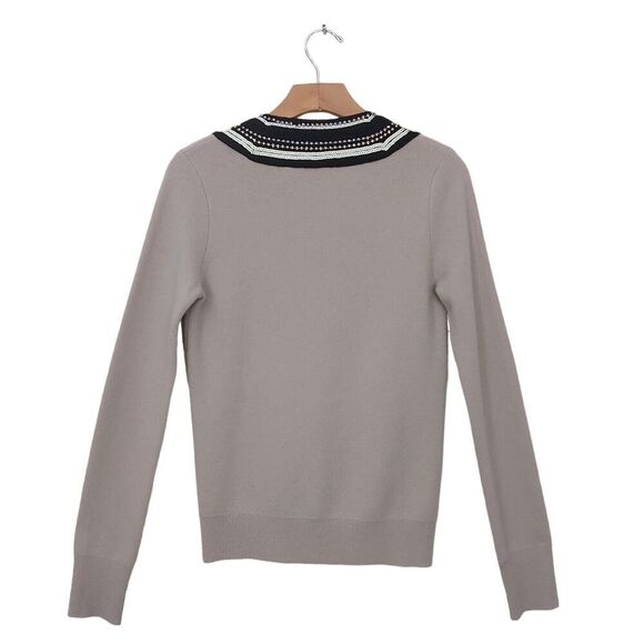 Tory Burch Merino Wool Sweater Womens XS Beige Rhinestones Sequin V-Neck Casual - Picture 4 of 13